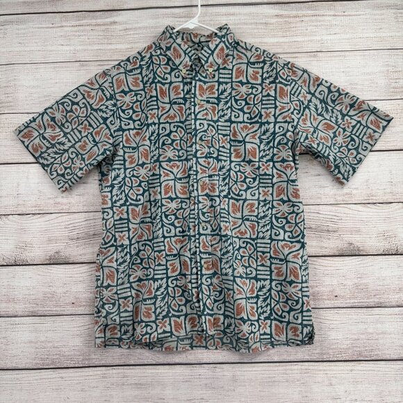 Reyn Spooner Tropical Hawaiian Short Sleeve Button Down Shirt Womens L Gray/Blue - Picture 1 of 15